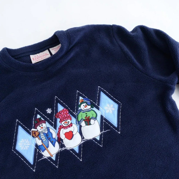 VTG Basic Editions Holiday Navy Embroidered Snowman Fleece Crewneck Sweater  S - Picture 10 of 11